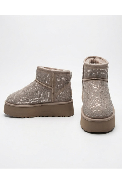 Enes Ayakkabıcılık Women's Stone Embellished Thick Poly Sole Boots with Fur Inside and Suede Look