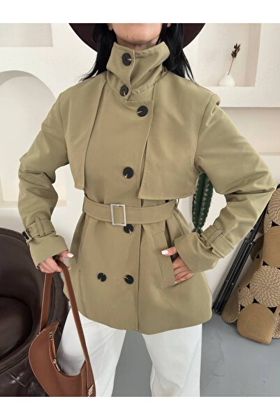 buqre's moda Stand-Up Collar Belted Windproof Mid-Length Trench Coat