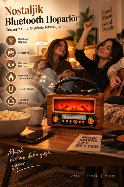 Omaze Nostaljik Bluetooth Hoparlör Retro Radyo FM/AM Şömine Efektli Telefon Standlı Taşınabilir Ahşap Görünümlü Ses Sistemi