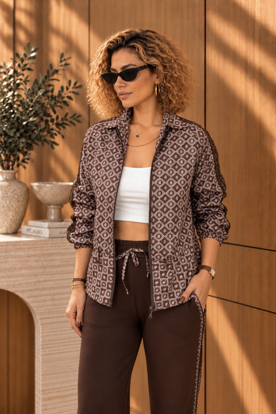 studio fashion 1988 Kahve Paraşüt Ceket Bel Büzgülü Şerit Detaylı Modal Takım