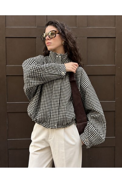 CrepTekstil Women's Gingham Patterned Plaid Stand Collar Zippered Short Oversize Bomber Jacket