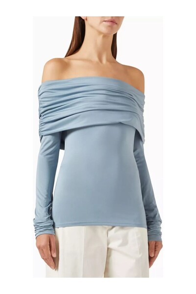 12storeez Off Shoulder Top, Light Blue with Stretchy and Layered Collar