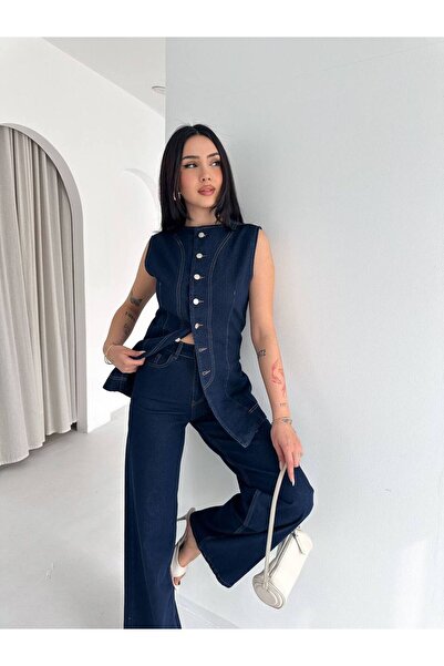 Noa&Noa Sleeveless Vest and Trousers Denim Suit - Navy Blue Dark Blue