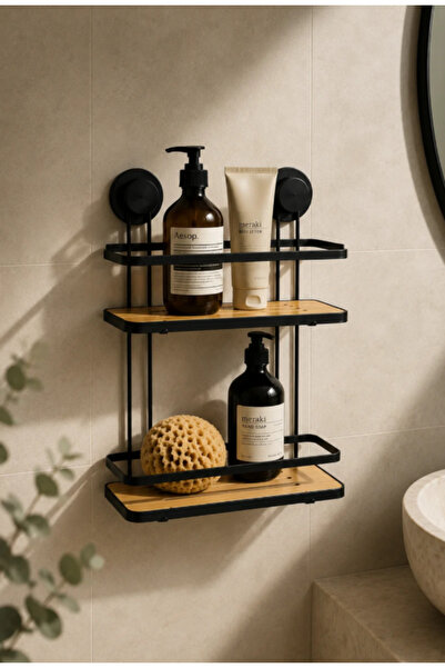Robin Home Metal Bambu Vakumlu Yapışkanlı Banyo Rafı 2 Katlı Duş içi Düzenleyici