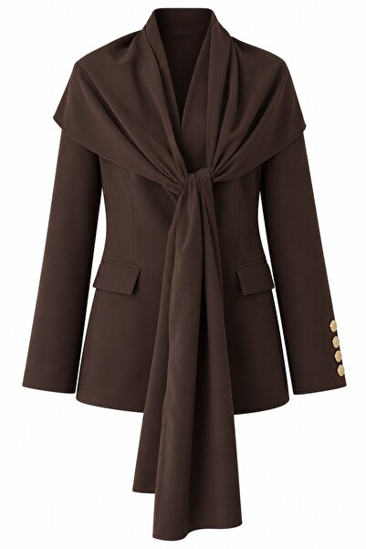 Laluvia Brown Gold Button Detailed Shawl Jacket - 2Y9721