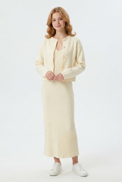 Generic Brand Women's Fititli Zero-Sleeve Knitwear Dress and Buttoned Cardigan Knitwear Two-Piece Set