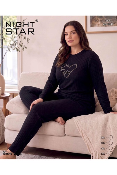Night Star طقم بيجامة روما قطني محبوك بطبعة قلب باللون الأسود مقاس كبير