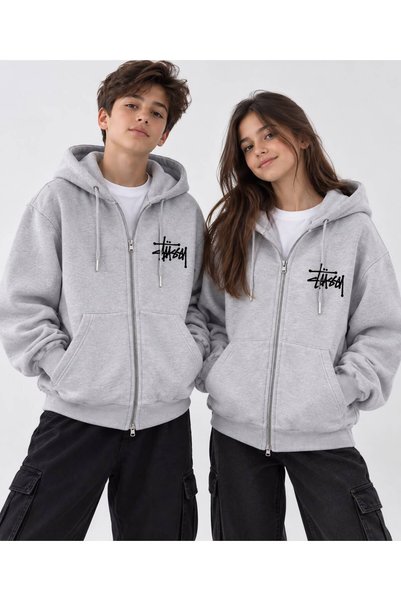 HAI COLLECTİON Unisex Gri 3 İplik Fermuarlı Kapüşonlu Oversize Baskılı Sweats...