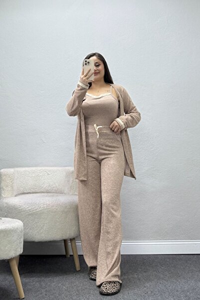 BELENDİR Women's Soft Lace Detailed Three-Piece Home Wear Set Brown