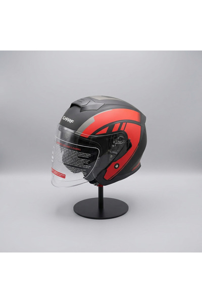 scharf 528 Şeffaf Vizörlü Yarım Motosiklet Kaskı - Güneş Camlı Açık Kask (R1 RED)
