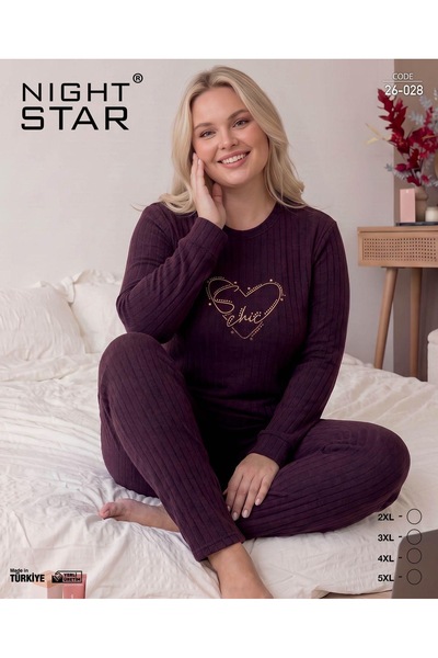 Night Star طقم بيجامة روما قطني محبوك بطبعة قلب باللون البرقوقي مقاس كبير