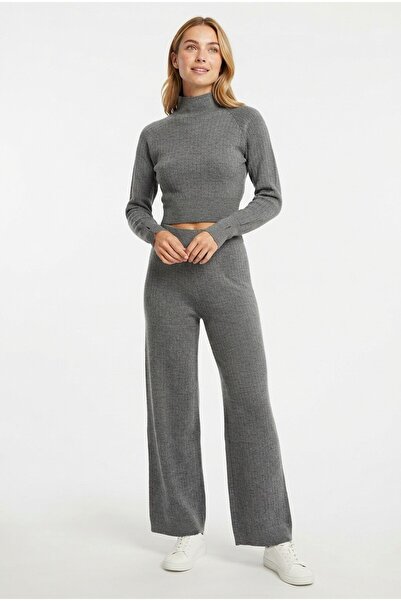 Şeker Portakalım Women's Turtleneck Long Sleeve Crop Top and Wide Leg Pants K...