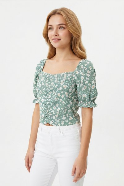 Generic Brand Women's Floral Patterned Square Neck Front Gathered Short Sleeve Stretch Fabric Stylish Summer Model Crop T-Shirt