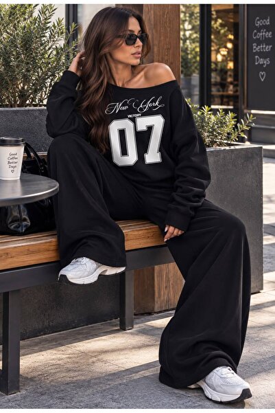 trendgar Siyah 07 Baskılı Asimetrik Yaka Detaylı Sweatshirt Geniş Paça Pantol...