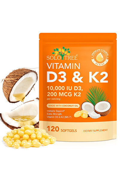 SOLOTRE Vitamina D3 10.000 IU + K2 200mcg – 120 Softgels cu Ulei de Cocos | F...