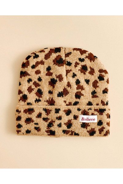 REDTAG Women Beige Leopard Print Knit Beanie