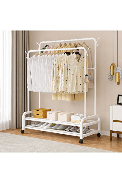 KLNAMAEAAN Double Rod Clothes Rack with Wheels, 2-Tier Garment Rack with Shoe...