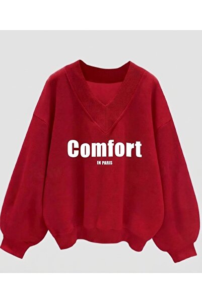 LADY HAZAL Red Unisex V-Neck Comfort Printed Oversize Patterned Fabric Sports...
