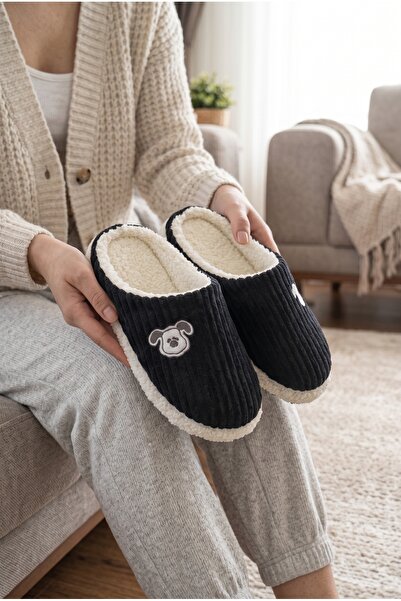 Moda Devrin Women's Black Cute Dog Embroidered Plush Velvet House Slippers No...