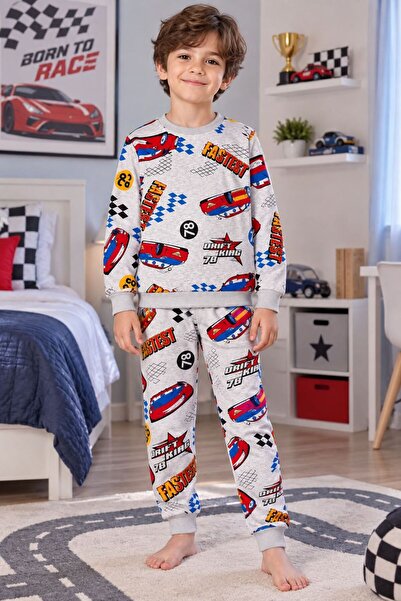 Erkek Çocuk Pamuklu Gri Yarış Arabası Desenli Uzun Kollu Mevsimlik Pijama Takımı
