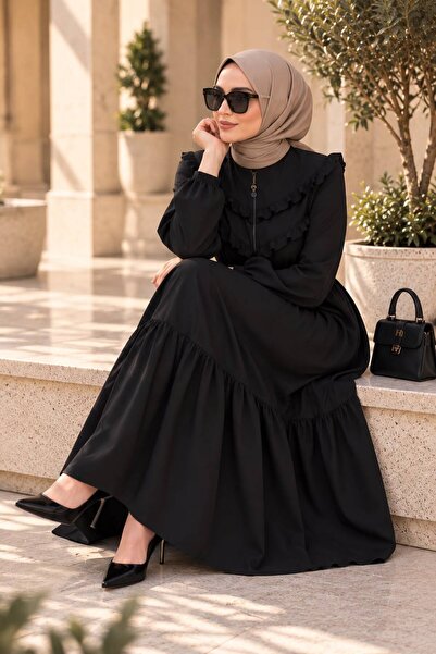MODA ESRE FASHION KAP FERACE ÖN ROBA FIRFIRLI KOL AĞZI LASTİKLİ ETEK BÜZGÜLÜ SİYAH KREP KUMAŞ