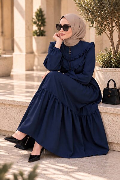 MODA ESRE FASHION KAP FERACE ÖN ROBA FIRFIRLI KOL AĞZI LASTİKLİ ETEK BÜZGÜLÜ LACİVERT KREP KUMAŞ