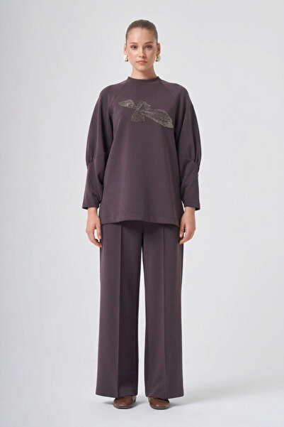 Nuss 1077 Flower Bead Embroidered Pants Suit Coffee