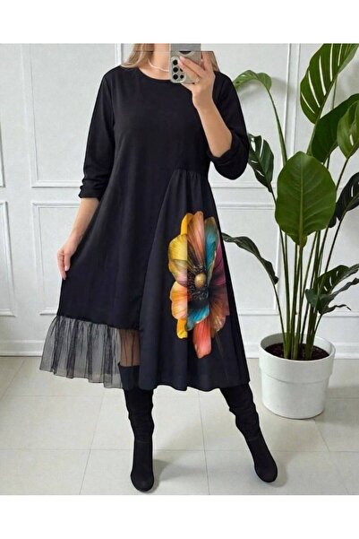 GLAMSI Aurora black dress, Cotton, large yellow-brown flower print, Midi Leng...