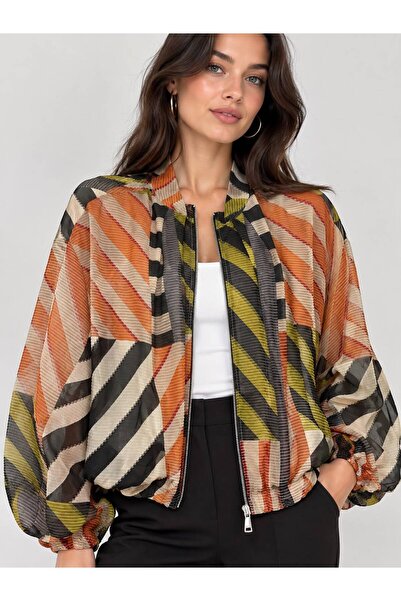 MAESTRO WOMAN Women's Orange Patterned Chiffon Lined Bomber Jacket