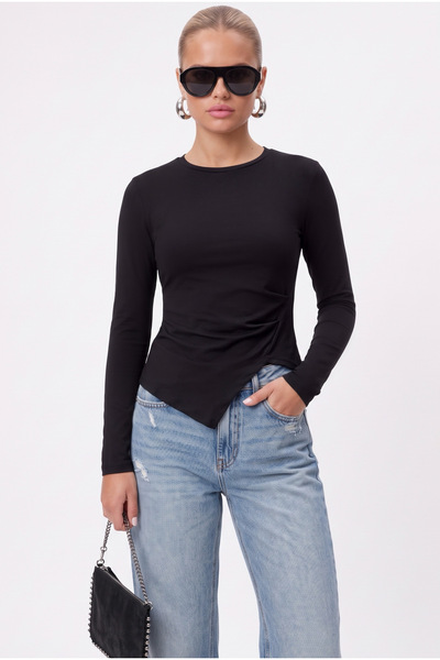 Ritnice Women's Jolie Asymmetrical Detailed Long Sleeve Black Knitted Blouse