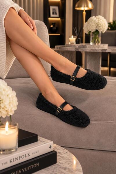 ModaMert Women's Black Fur Buckle Comfortable Ballerina Shoes Suitable for Ho...
