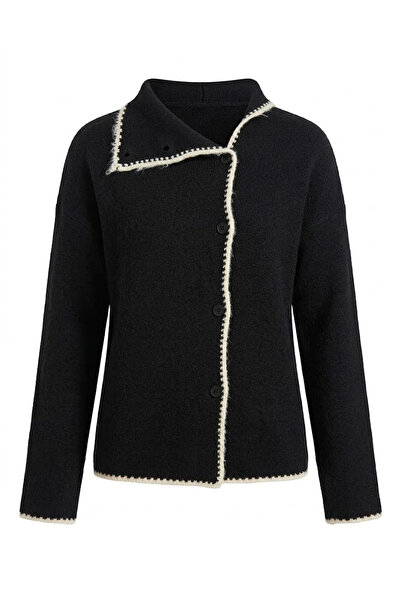 Crep Piping Detail Stand Collar Knitwear Cardigan - Black Black