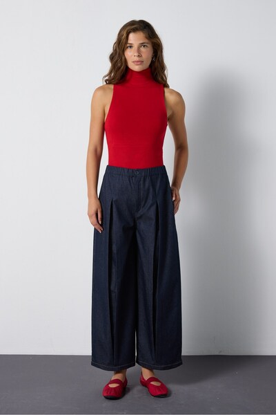 mina aise Kadın Lacivert Premium Beli Lastikli Oversize Kot Pantolon 32010