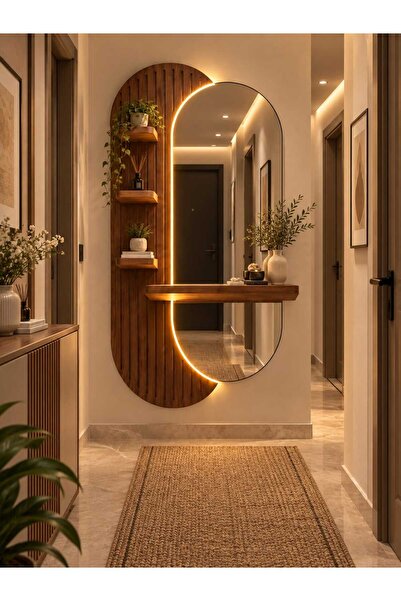 Mars design Işıklı Ahşap Raflı Duvar Aynası Dekoratif Antre Hol Aynası 54x103 cm