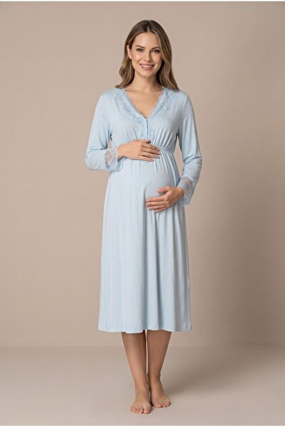 LOHOUSE Women's Blue Lace Long Sleeve Maternity Nightgown Set for Easy Breast...