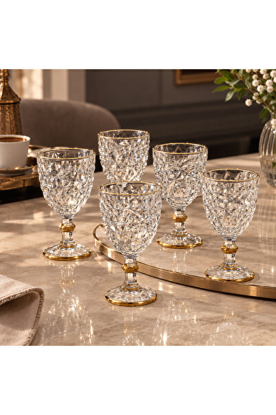 zaTen Pazar 6'lı Kristal Kesim Gold Detaylı Kahve Yanı Su Bardağı