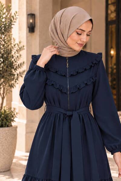 MODA ESRE FASHION KAP FERACE ÖN ROBA FIRFIRLI KOL AĞZI LASTİKLİ ETEK BÜZGÜLÜ LACİVERT KREP KUMAŞ