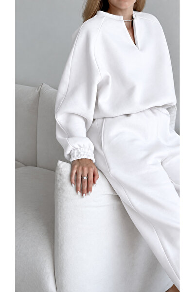 Keywest Women's High Collar V-Neck Oversized Sweatshirt and Elastic Cuffed Sweatpants 2-Piece Set