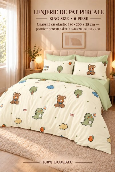 RALEX PUCIOASA Percale Bedding Set, 100% Cotton, PRC200, King size with elast...