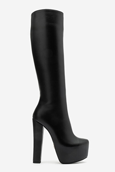 Ayakkabı Ateşi Women's High Heeled Platform Zippered Black Leather Boots Loli