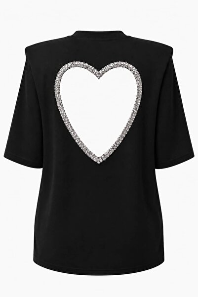 ROYAL'S AURA Taşlı Kalp Sırt Dekolteli Vatkalı T-Shirt