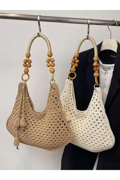 İNCİ ÇEYİZ Hand Knitted Macrame Knitting Thread Women's Portfolio Hand and Shoulder Clutch Bag