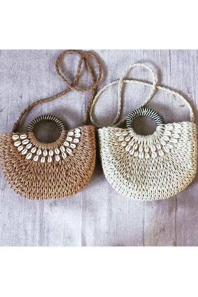 İNCİ ÇEYİZ Hand Knitted Straw Rope Women's Seashell Portfolio Hand and Shoulder Clutch Bag