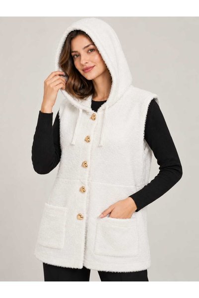 ASEZ BUTİK ZERAFETİN ADRESİ Asez Butik Kapüşonlu Uzun Peluş Yelek Kalp Düğmel...
