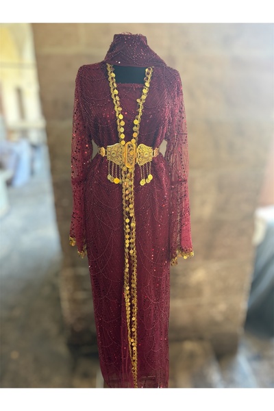 MODA Çeyrekli Zincirli Abiye Kaftan Şal ve Kemer Dahil(38-50 Beden Uyumlu)
