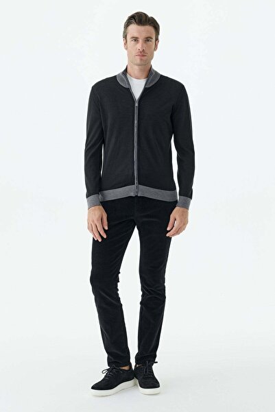 Jakamen Black Fit Zippered High Collar Wool Knitwear Cardigan