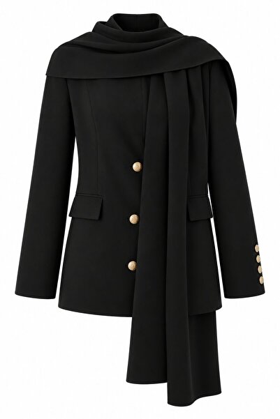 Laluvia Black Gold Button Detailed Shawl Jacket - 2Y9721