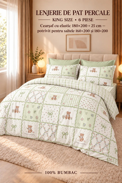 RALEX PUCIOASA Percale Bedding Set, 100% Cotton, PRC202, King size with elast...