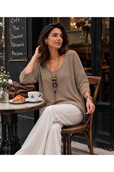 Budan Export Women's V-Neck Three-Quarter Sleeve Loose Mercerized Knitwear Bl...