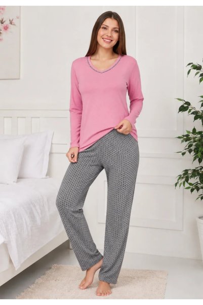 TOSKI Pijama dama confortabila din bumbac,roz, cu maneca lunga si decolteu fi...